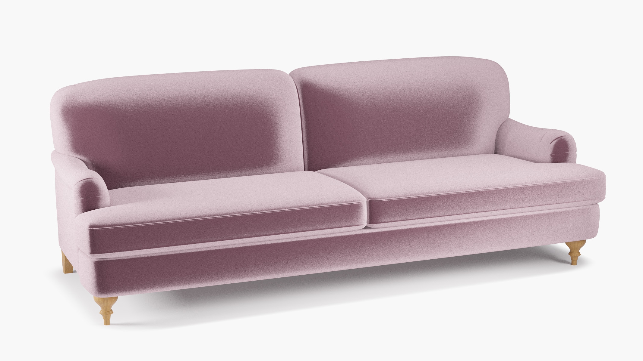 English Roll Arm Sofa, Lavender Performance Plush Velvet, Natural Turned Wood Leg - Image 1