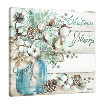 "Cotton Boll In Mason Jar: Christmas Blessings" Gallery Wrapped Canvas By The Holiday Aisle® - Image 0