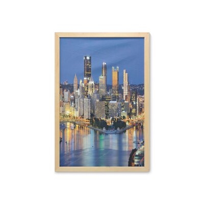 Ambesonne City Pittsburgh Wall Art With Frame, Night Scene Of Skyscrapers In Downtown Pennsylvania Skyline Busy City Life, Printed Fabric Poster For Bathroom Living Room Dorms, 23" X 35", Multicolor - Image 0