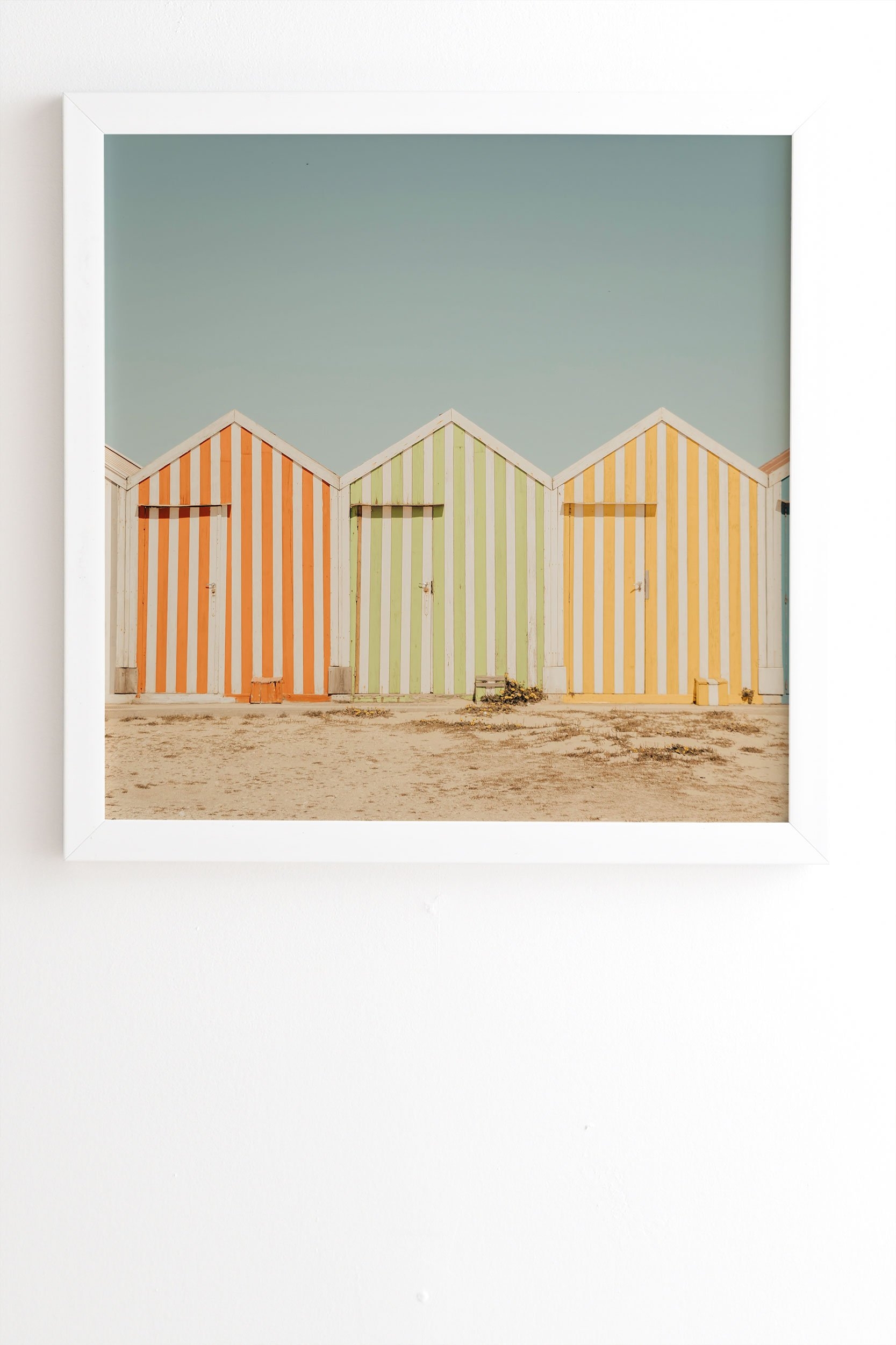 Ingrid Beddoes Beach Huts II White Framed Wall Art - 20" x 20" - Image 1