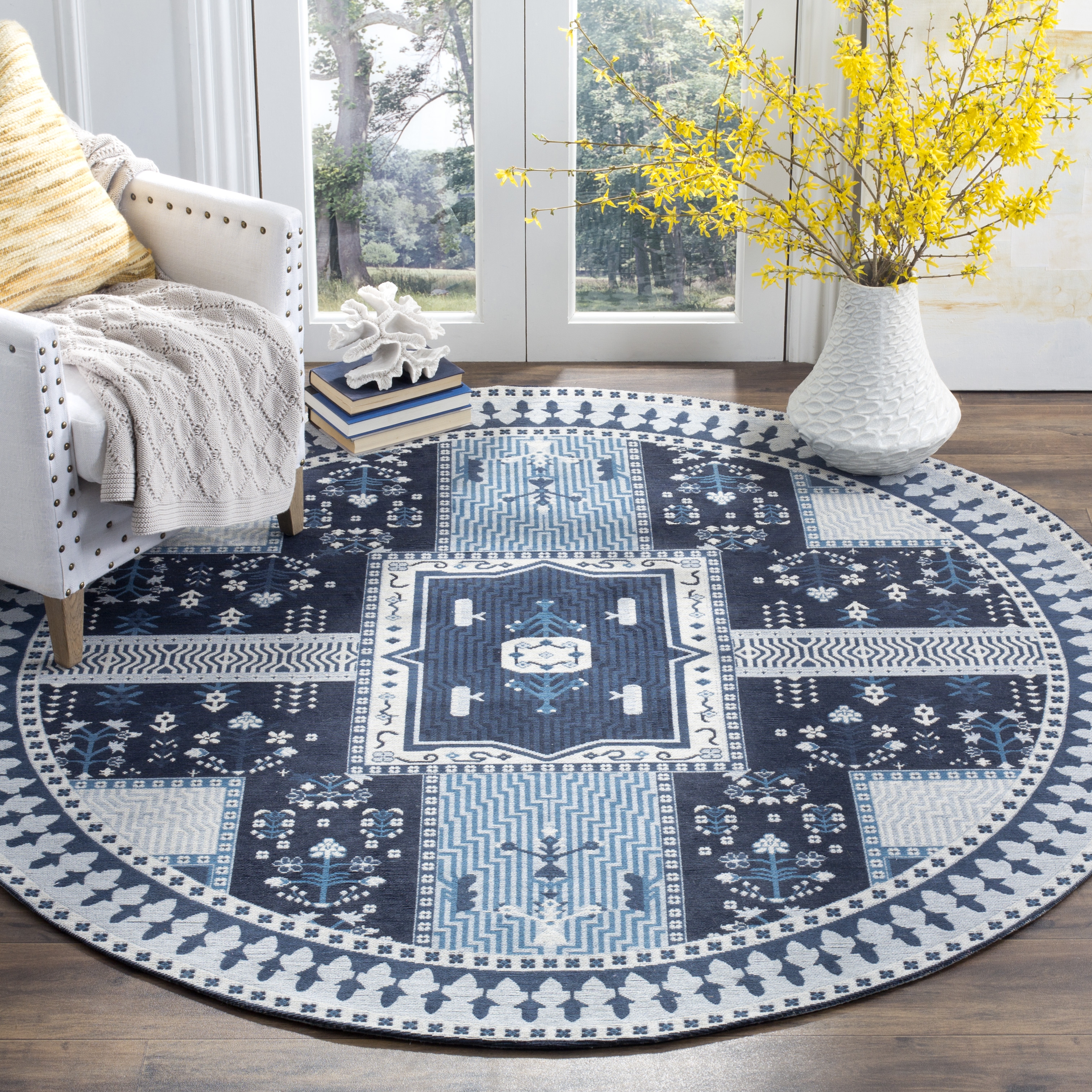 Arlo Home Woven Area Rug, CLV512A, Navy/Light Blue,  6' X 6' Round - Image 1