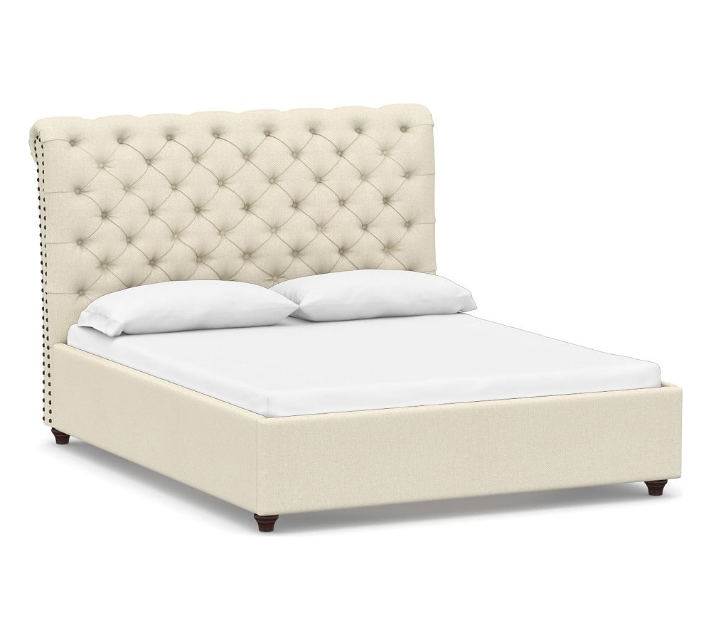 Chesterfield Tufted Upholstered Bed, King, Jumbo Basketweave Ivory - Image 0