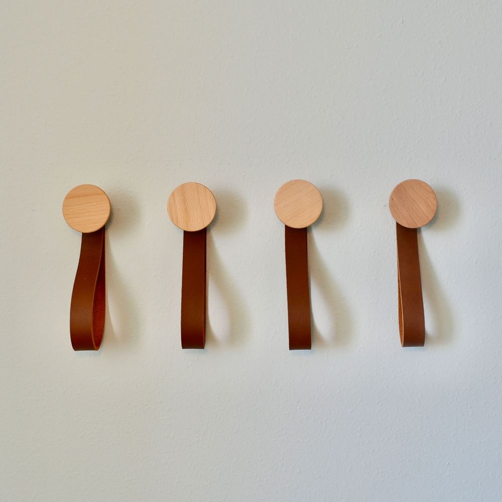 Modern Home Cone Wood Wall Hook with Leather Strap, Natural, Set Of 4 - Image 0