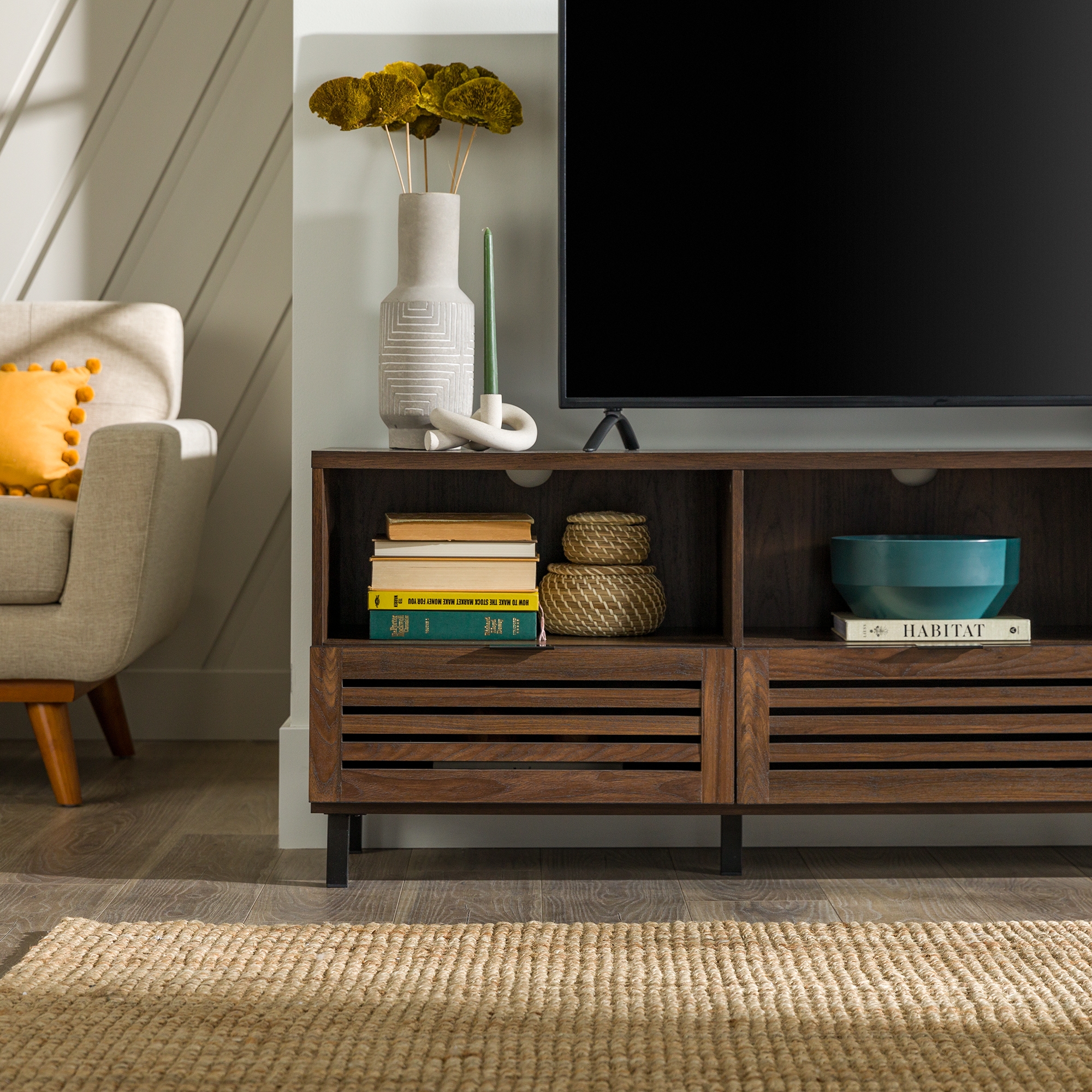 Jackson 70" Modern Slat Door TV Stand - Dark Walnut - Image 6
