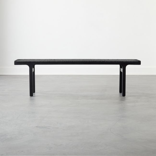 60" Black Woven Leather and Acacia Wood Bench - Image 1