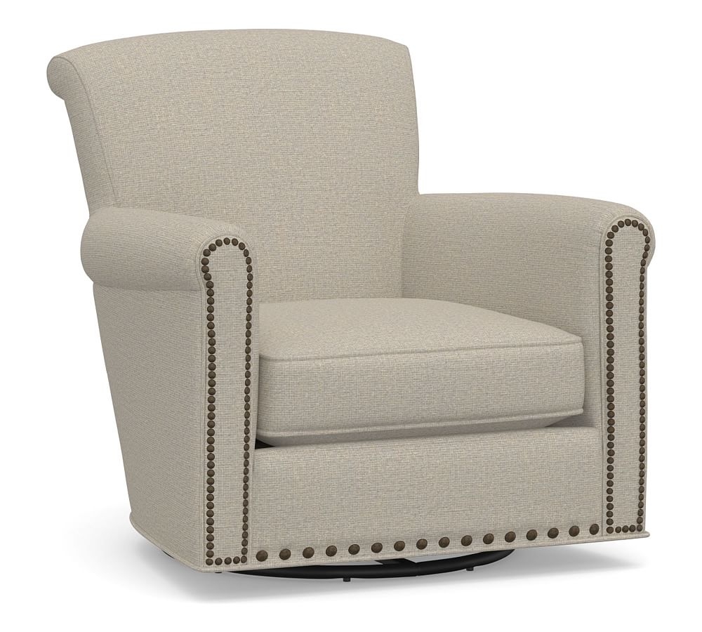 Irving Roll Arm Upholstered Swivel Rocker with Bronze Nailheads, Polyester Wrapped Cushions, Performance Boucle Fog - Image 0