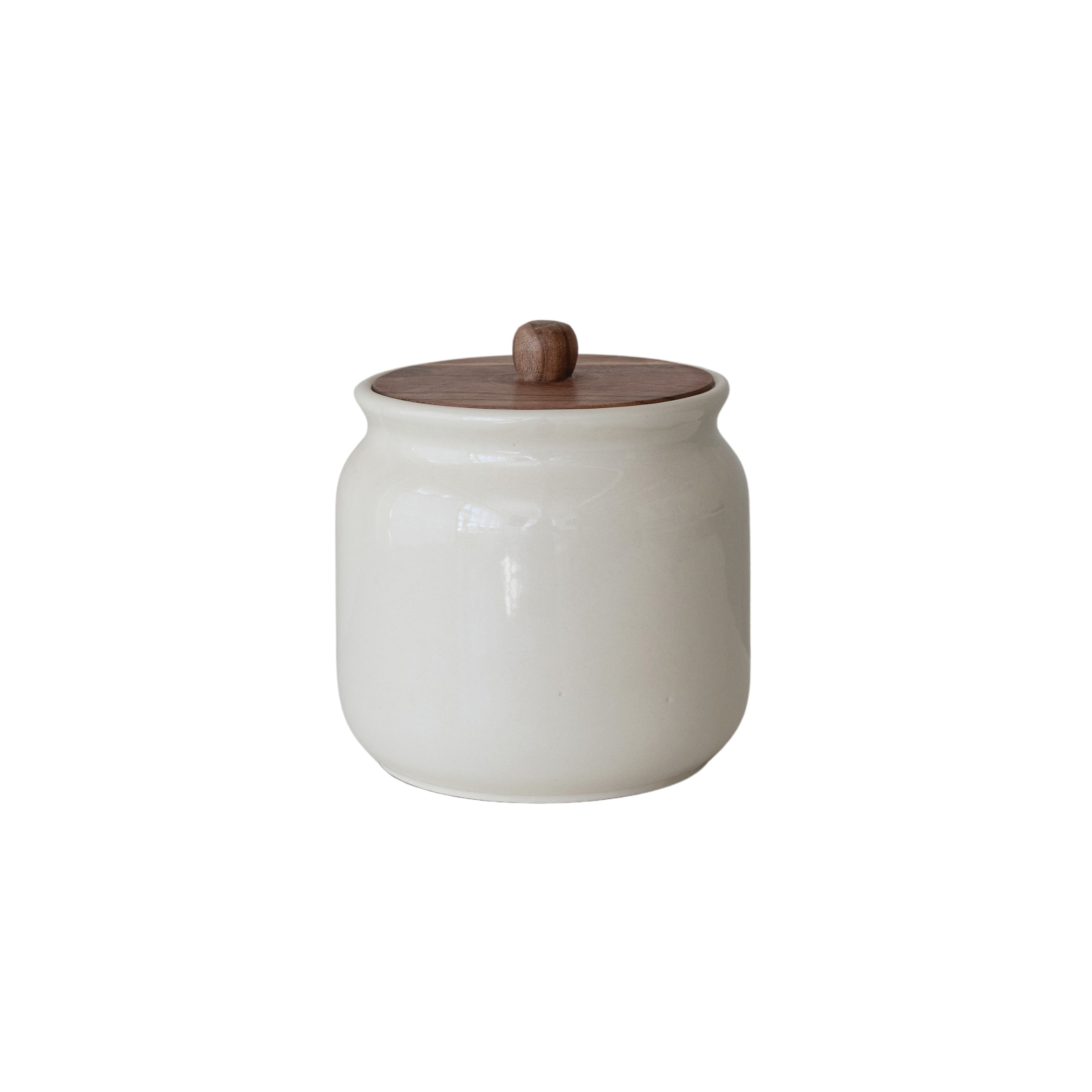 Stoneware Canister with Acacia Wood Lid, Ivory Color and Natural - Image 0