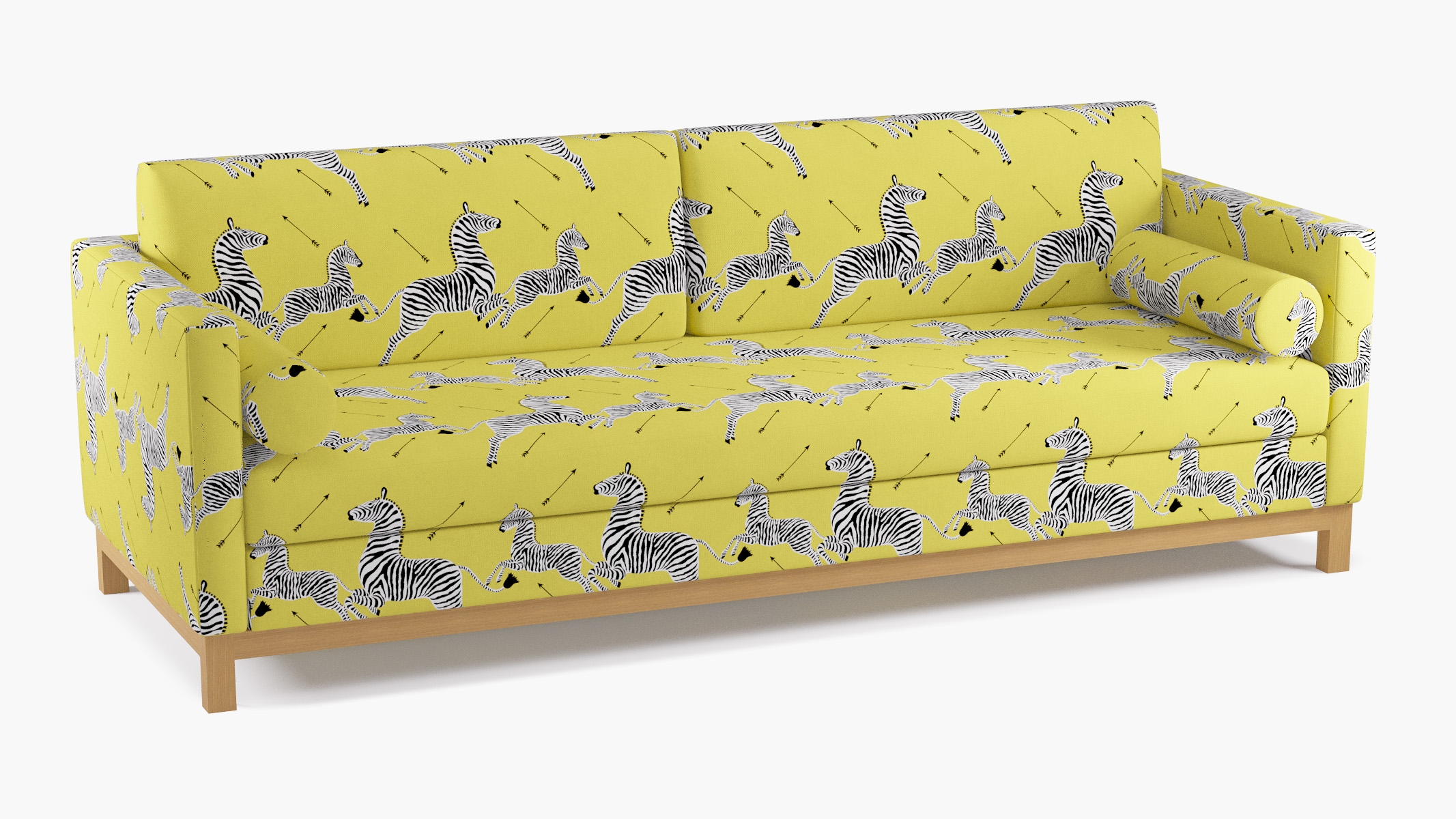Tailored Tuxedo Sofa, Yellow Zebra, Natural Wood Rail - Image 1