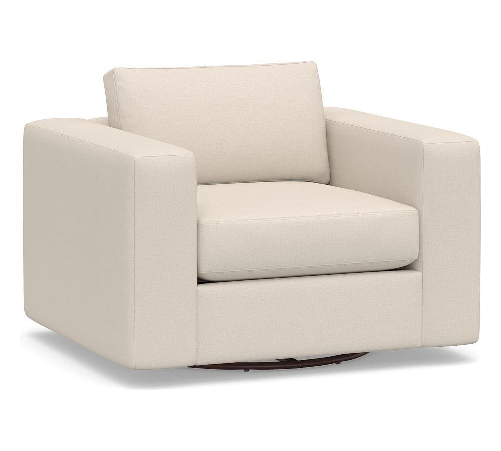 Carmel Square Arm Upholstered Swivel Armchair, Down Blend Wrapped Cushions, Performance Brushed Basketweave Oatmeal - Image 0