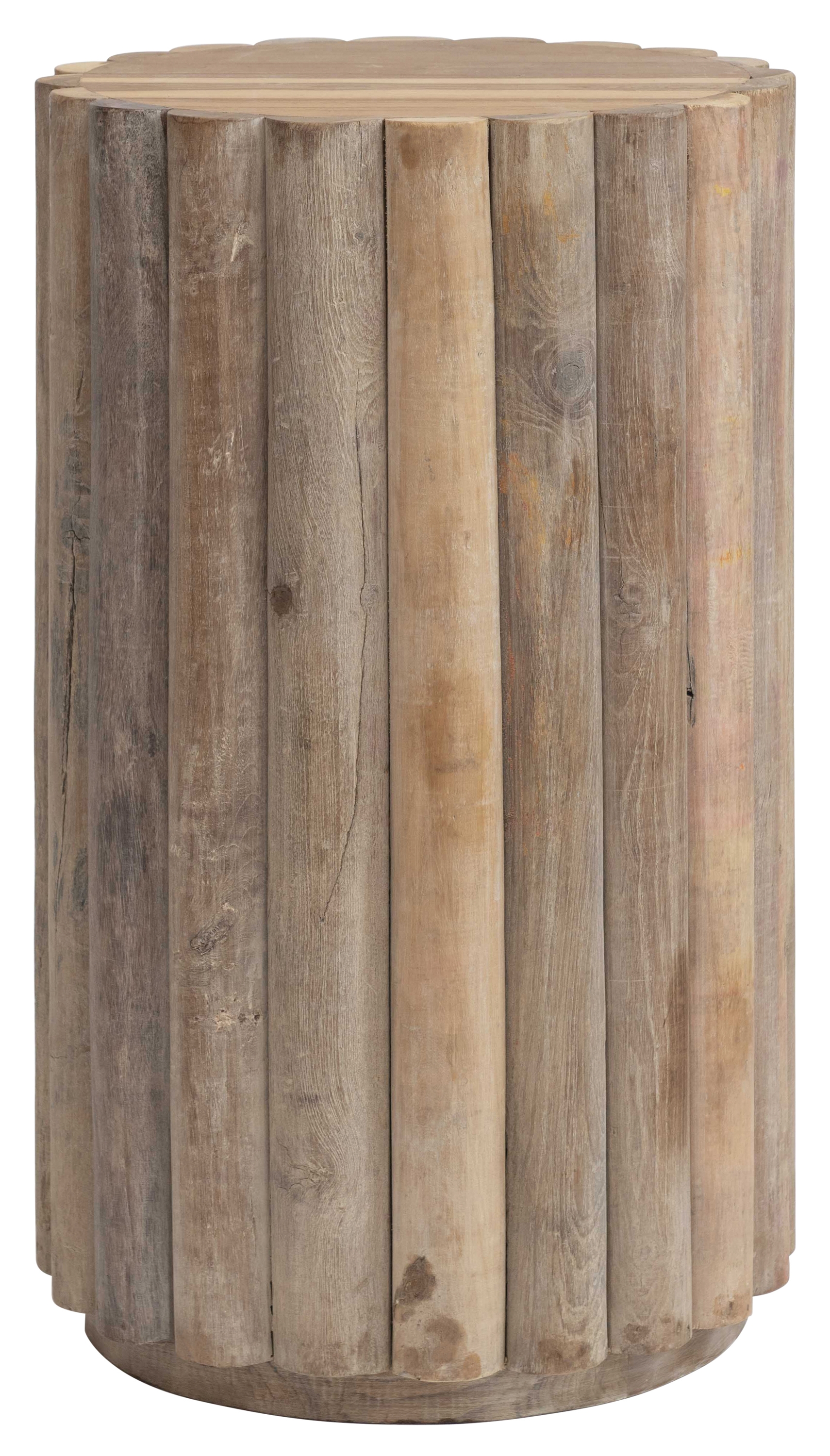 16"R x 28"H Reclaimed Wood Pedestal/Table with Half-Round Onlays (Each one will vary) - Image 0