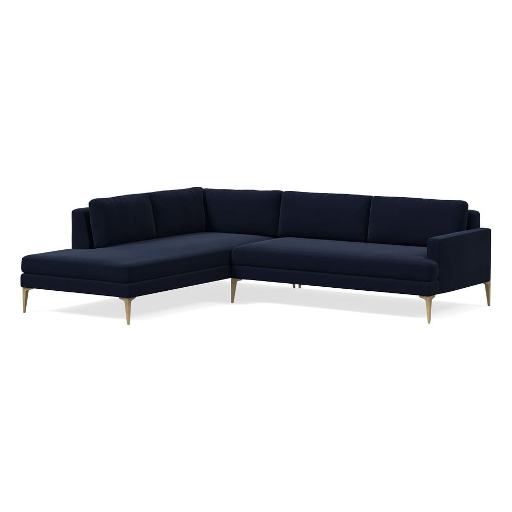 Andes 105" Left Multi Seat 2-Piece Bumper Chaise Sectional, Standard Depth, Distressed Velvet, Ink Blue, Brass - Image 0
