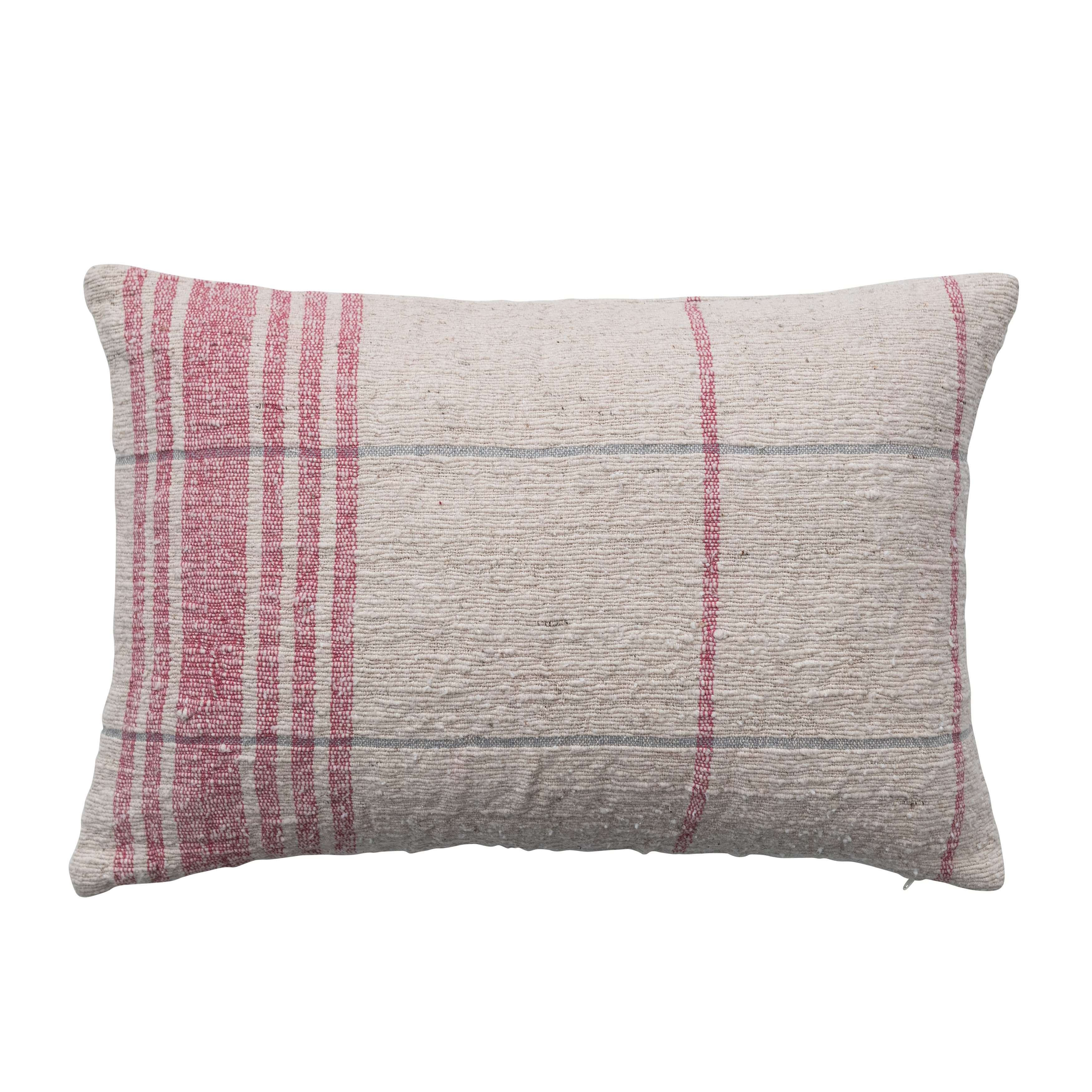 24 Inches Woven Cotton Slub Lumbar Pillow with Grid Pattern, Natural and Red - Image 0
