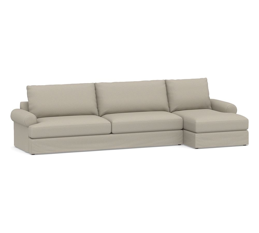 Canyon Roll Arm Slipcovered Left Arm Sofa with Chaise Sectional, Down Blend Wrapped Cushions, Performance Boucle Fog - Image 0