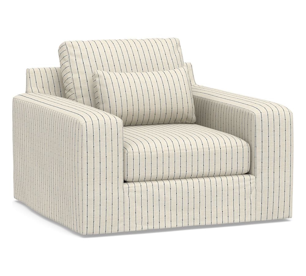Big Sur Square Arm Slipcovered Deep Seat Swivel Armchair, Down Blend Wrapped Cushions, Slubby Pinstripe Blue - Image 0