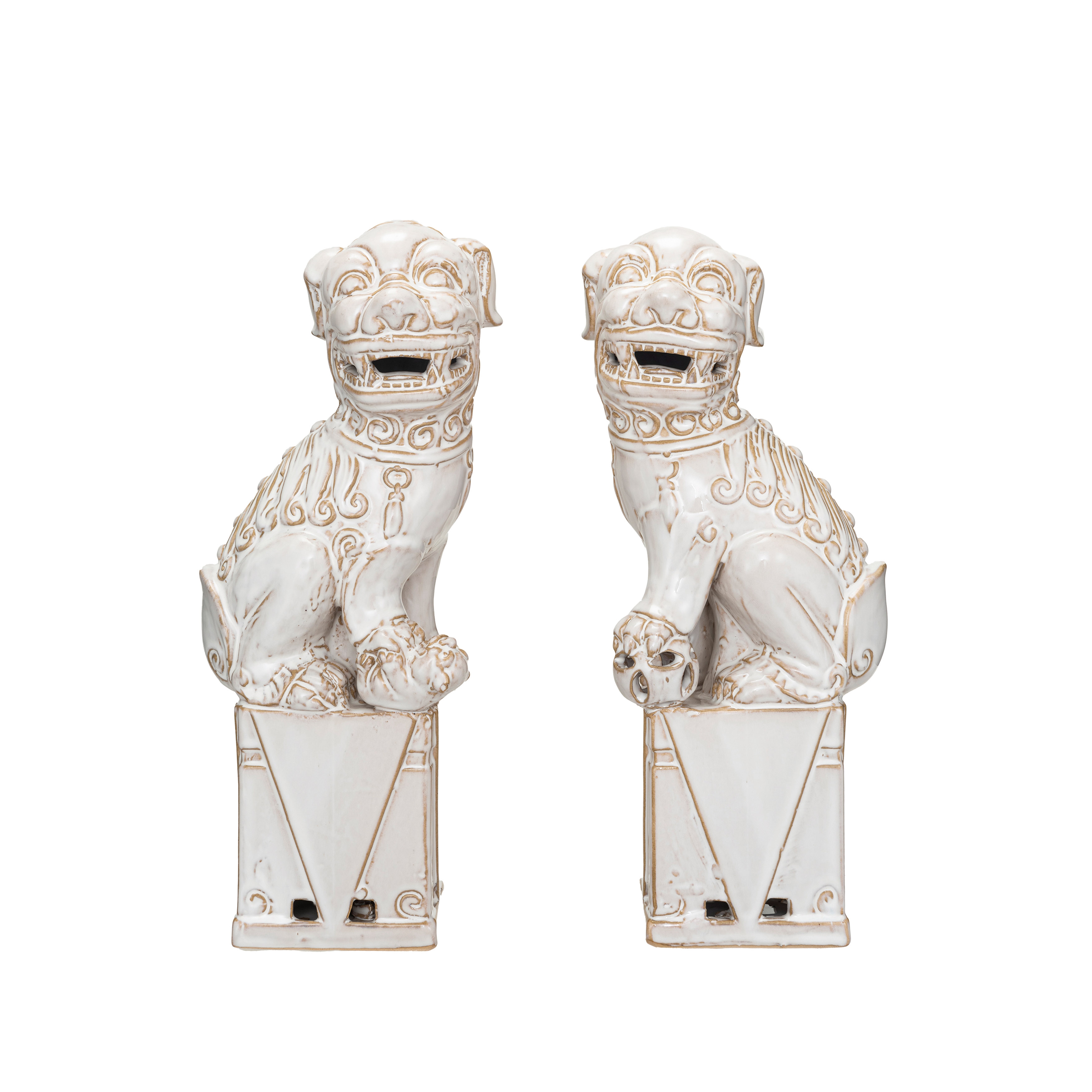 Stoneware Vintage Reproduction Guardian Lions Décor and Bookends, White, Set of 2 - Image 0