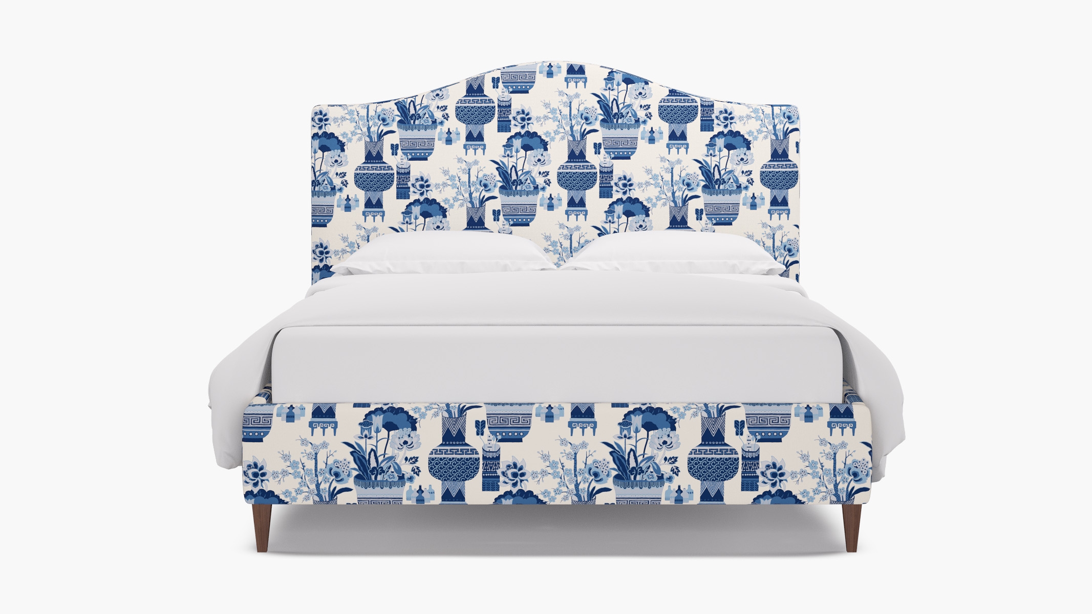 Camelback Bed, Delft Kan-Shie, Walnut Square Tapered Leg, King - Image 0