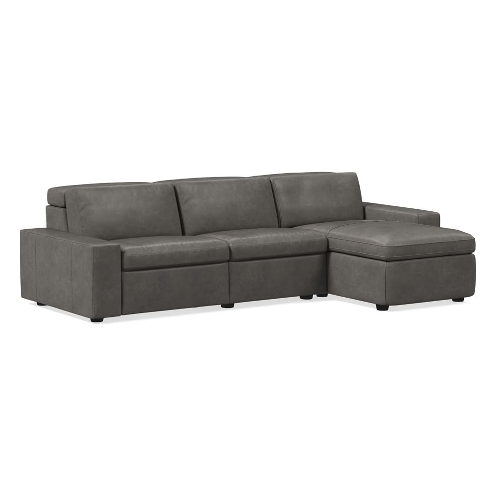 Enzo 108" 3-Piece Reclining Chaise Sectional w/ Storage, Two Basic Arms, Ludlow Leather, Gray Smoke - Image 0
