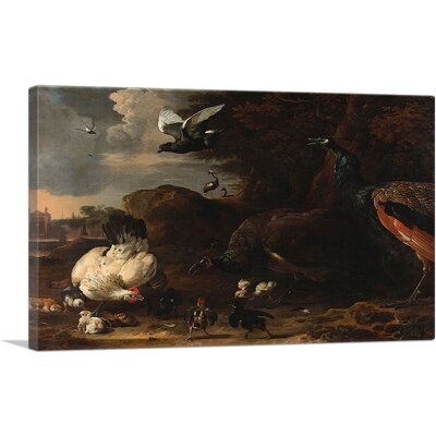 ARTCANVAS Two Peacocks Threatening A Hen With Chicks - The Threatened He Canvas Art Print By Melchior D-Hondecoeter - Image 0
