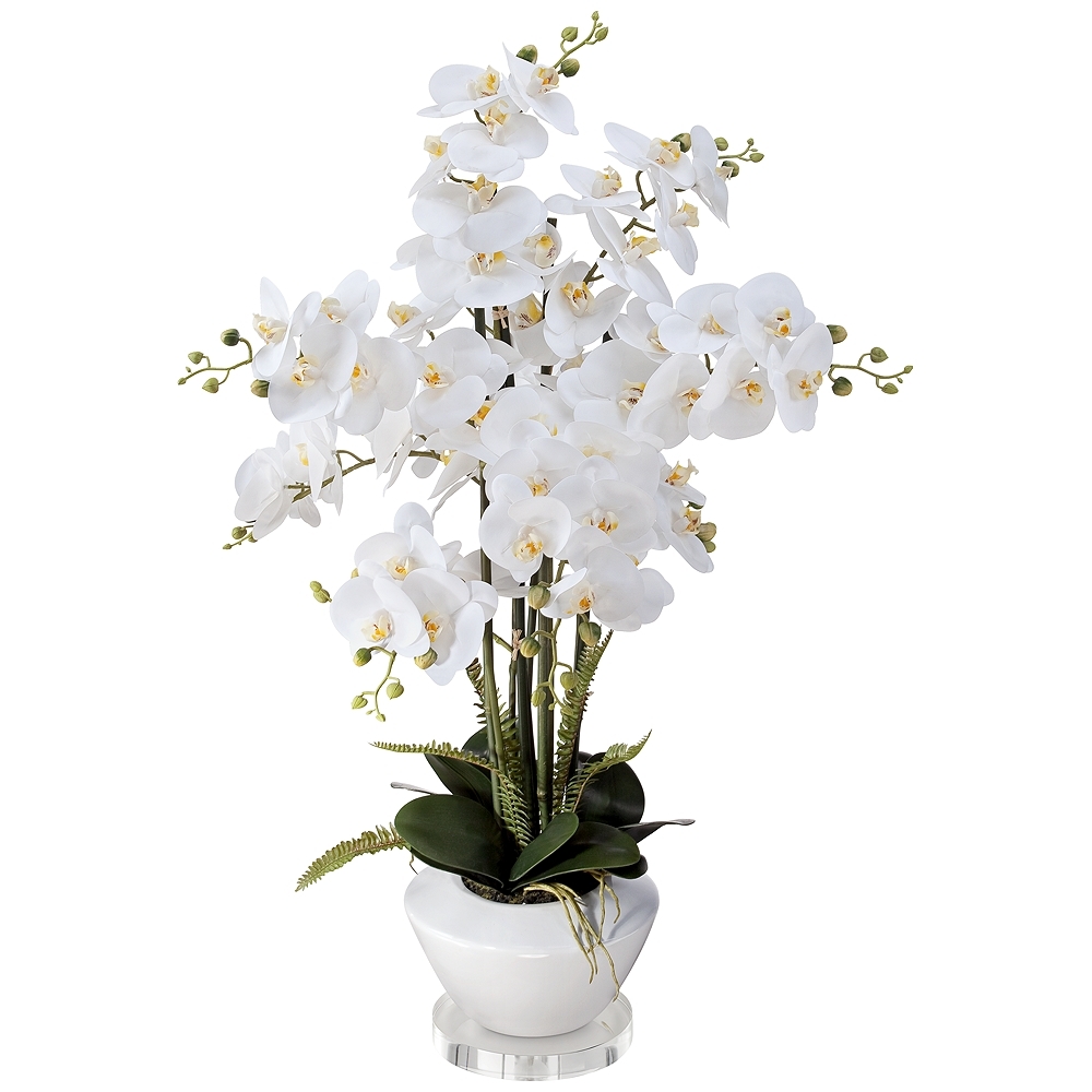 White Phalaenopsis Faux Orchid 29"H With 7" Round Acrylic Riser - Image 0