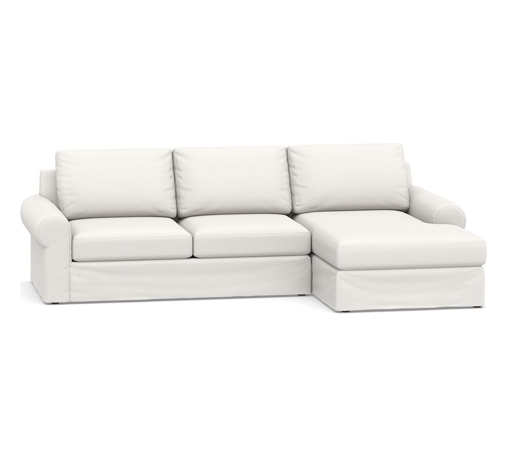 Big Sur Roll Arm Slipcovered Left Arm Loveseat with Chaise Sectional, Down Blend Wrapped Cushions, Sunbrella(R) Performance Slub Tweed White - Image 0