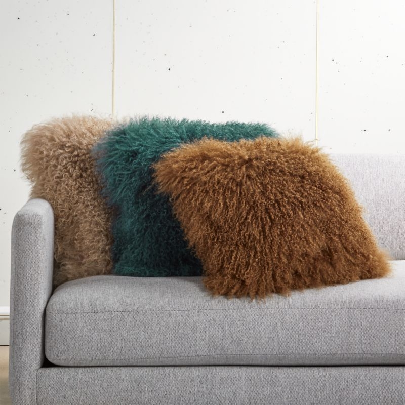 Teal Mongolian Sheepskin Fur Throw Pillow with Feather-Down Insert 16" - Image 1