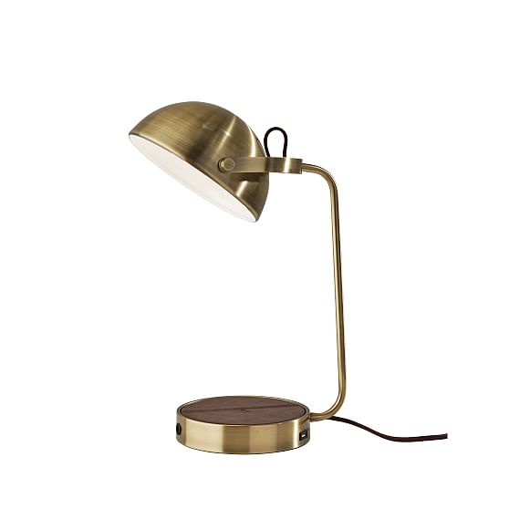 Dome Shade Table Lamp, Antique Brass, Dark Brown Suede Fabric - Image 0