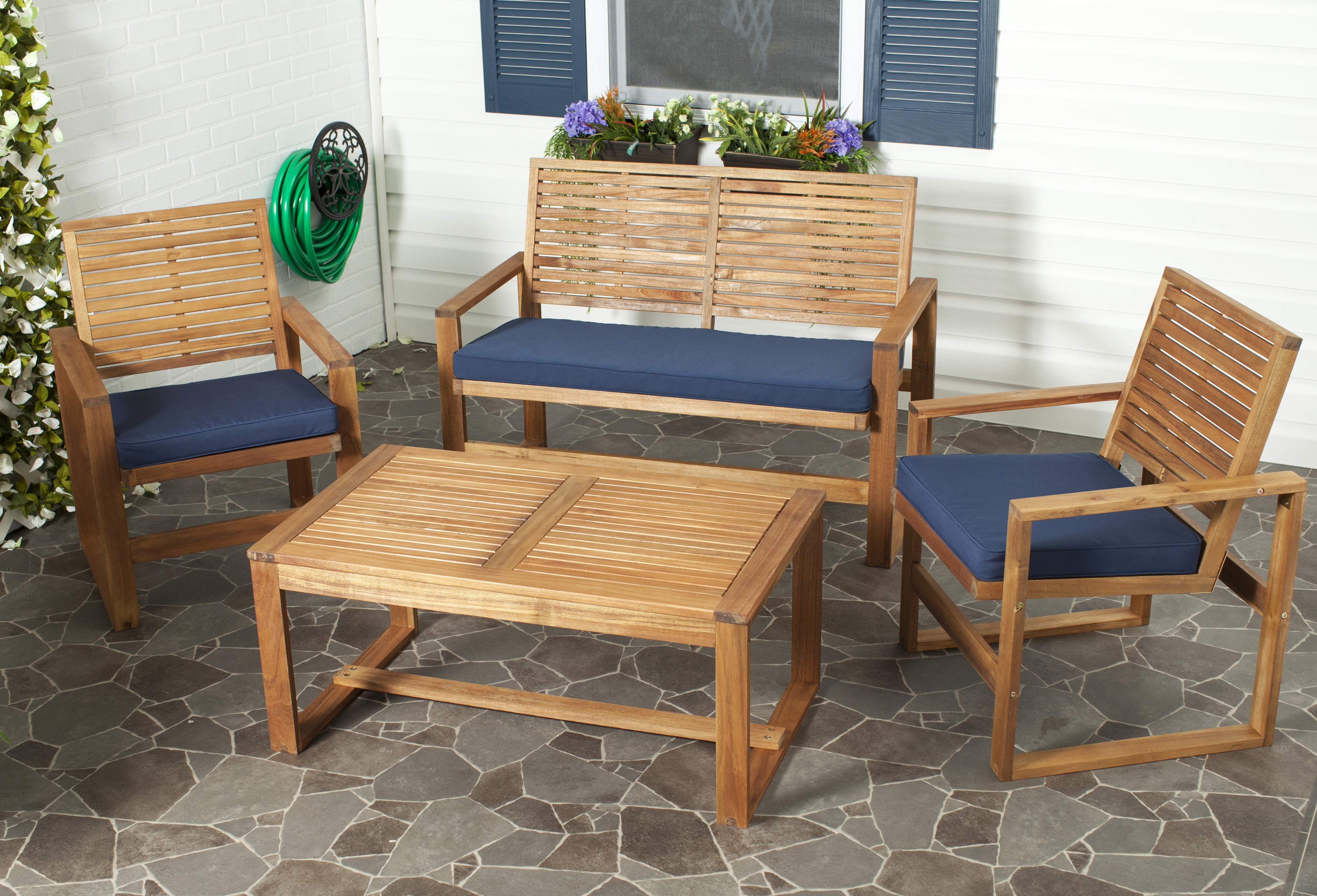 Ozark 4 Piece Outdoor Living Set - Brown/Navy - Safavieh - Image 2