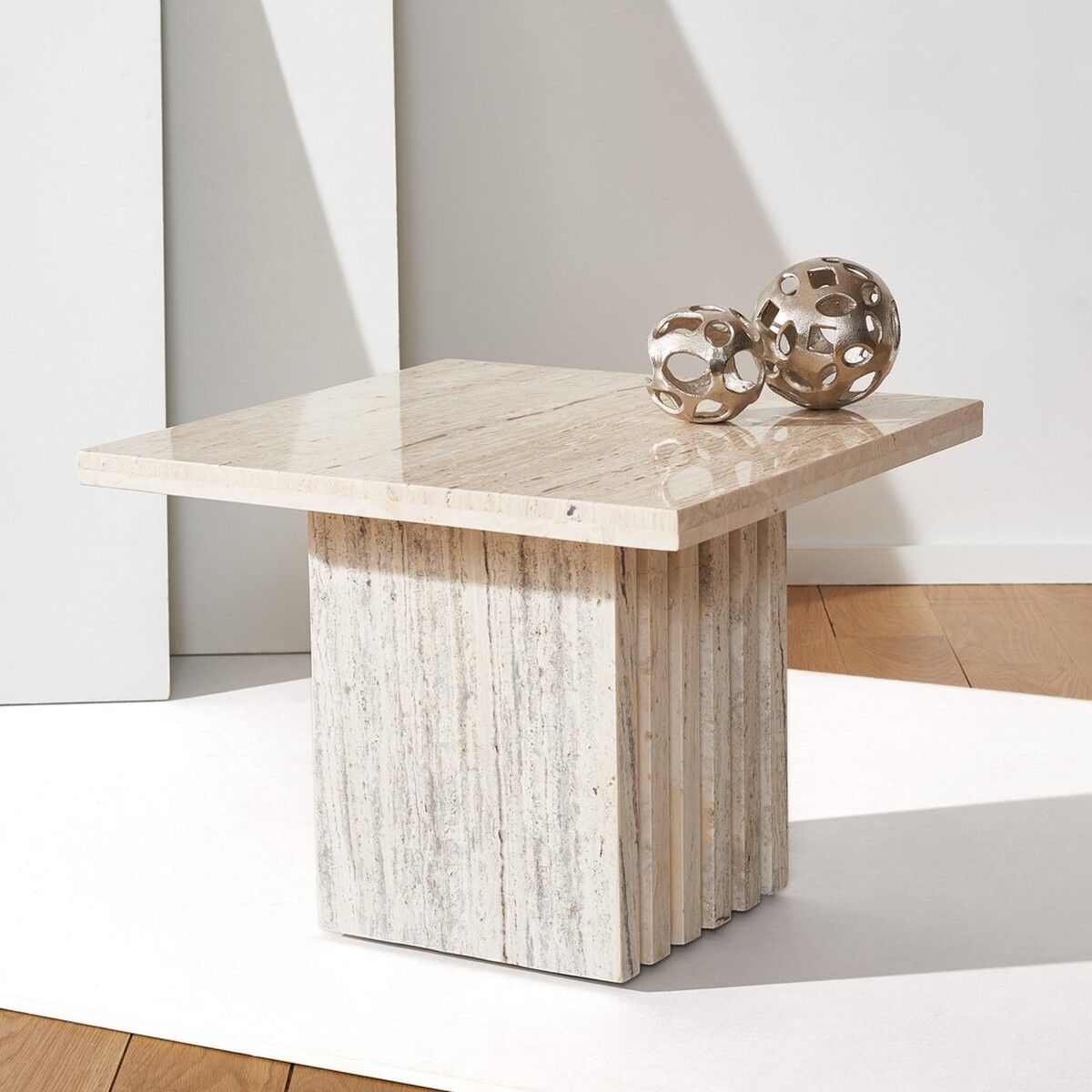 Olivia Tall Square Travertine Accent Table - Off White - Image 1