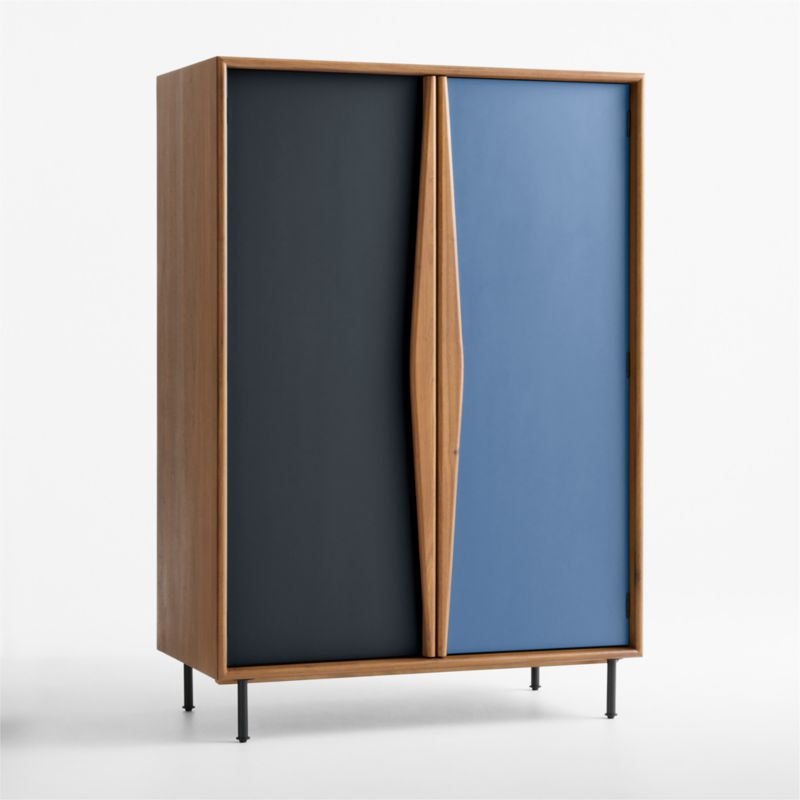 Oren Blue and Natural Walnut Wood Storage Armoire with Chalkboard - Image 1