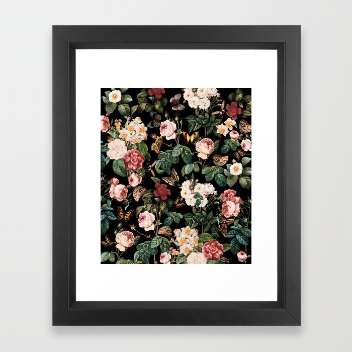 Floral And Butterflies Framed Art Print by Burcu Korkmazyurek - Vector Black - X-Small-10x12 - Image 0