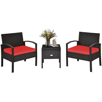 Latitude Run® 3pcs Rattan Patio Conversation Furniture Set W/ Storage Table Red Cushion - Image 0