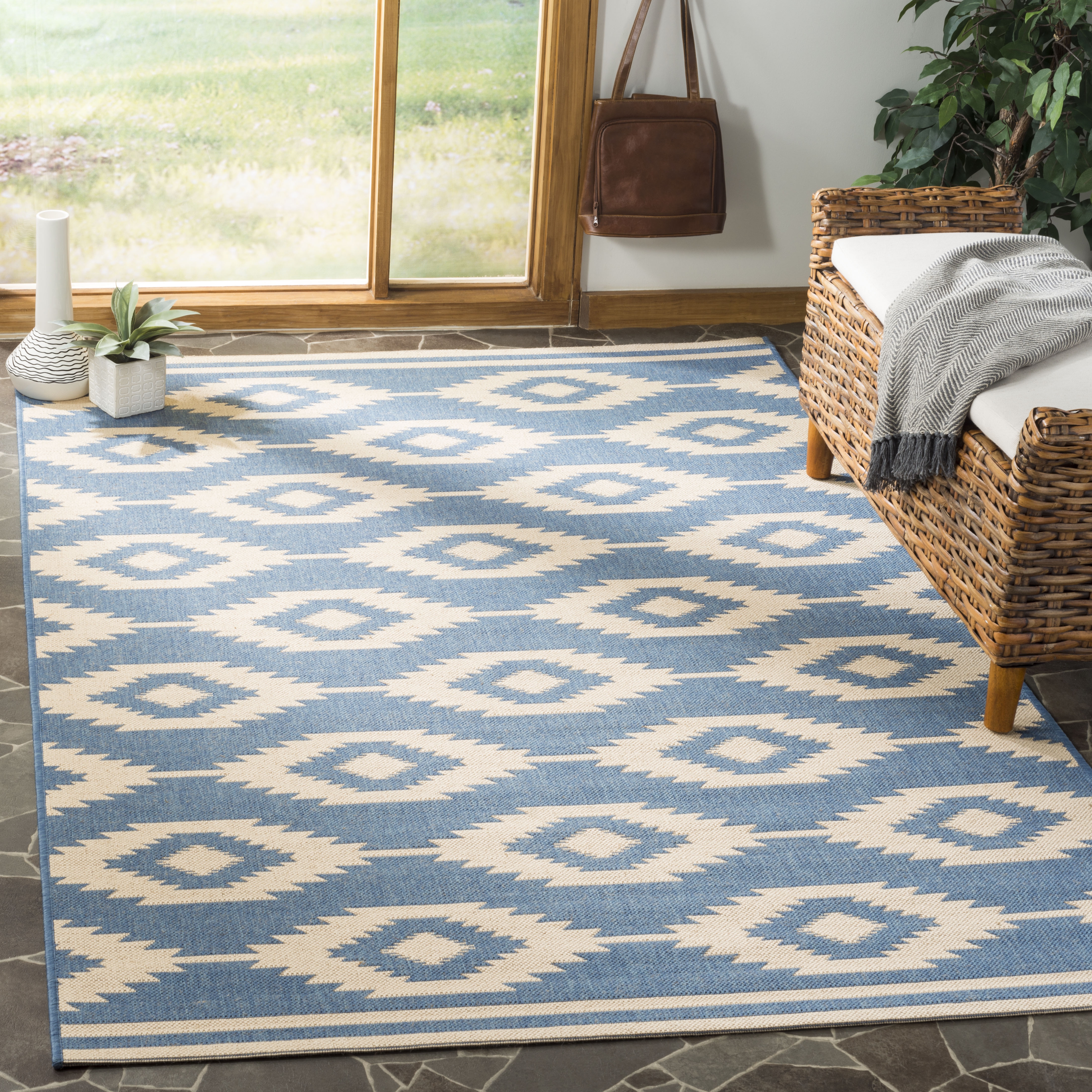 Arlo Home Indoor/Outdoor Woven Area Rug, LND171N, Cream/Blue,  5' 1" X 7' 6" - Image 1