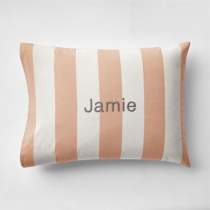 Riviera Terracotta Pink and Oatmeal Reversible Stripe Organic Cotton Kids Pillow Sham - Image 2