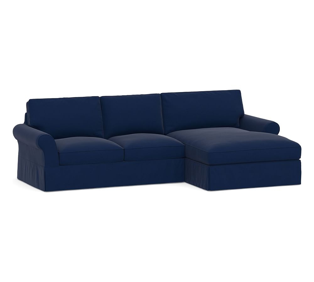 PB Comfort Roll Arm Slipcovered Left Arm Loveseat with Double Chaise Sectional, Box Edge Down Blend Wrapped Cushions, Performance Everydayvelvet(TM) Navy - Image 0
