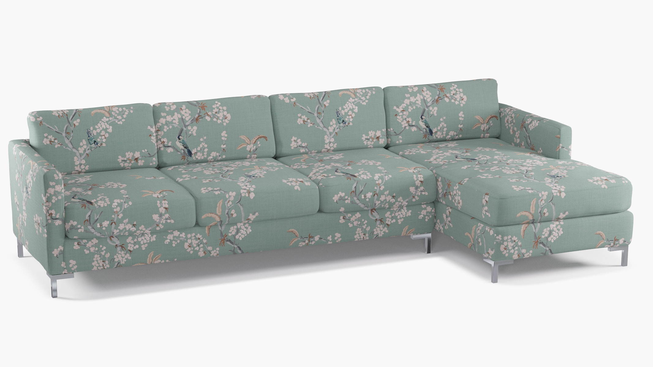 Modern Sectional, Right Facing, Mint Cherry Blossom, Chrome L Leg - Image 1