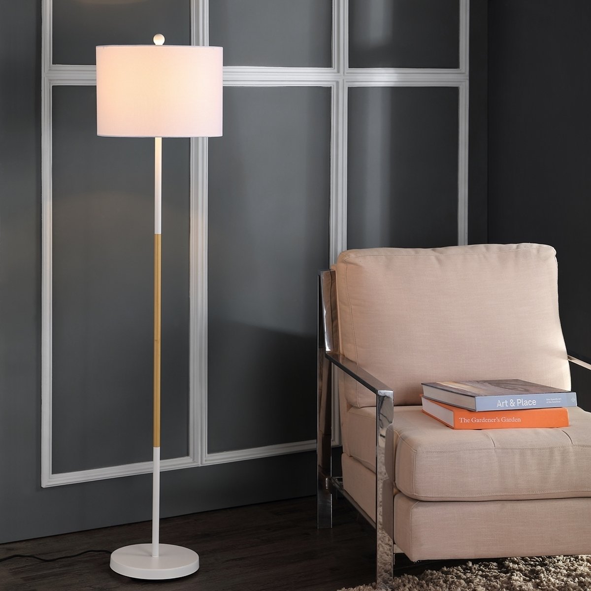 Melrose Floor Lamp, White & Wood Finish - Image 1