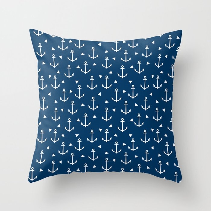 Anchors And Triangles Minimal Navy And White Trendy Sailing Pattern Sailor Print Throw Pillow by Charlottewinter - Cover (16" x 16") With Pillow Insert - Indoor Pillow - Image 0