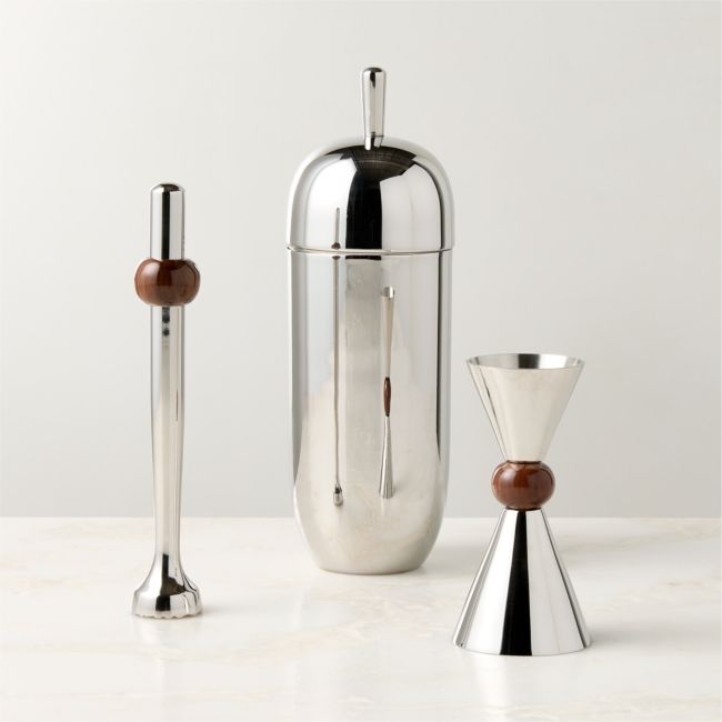 Kalman Polished Stainless Steel and Walnut Wood Bar Tools Set of 3 - Image 0