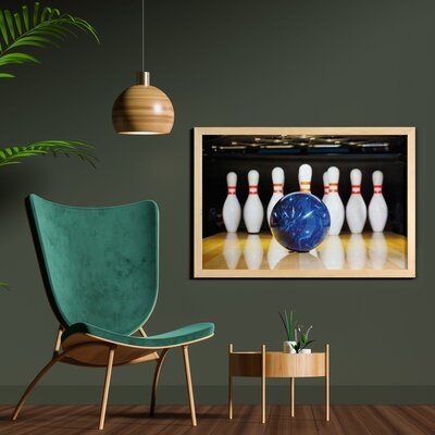 Ambesonne Bowling Party Wall Art With Frame, Blue Abstract Ball On The Lane Pins Close Up View Sports Leisure Time Game, Printed Fabric Poster For Bathroom Living Room Dorms, 35" X 23", Multicolor - Image 0
