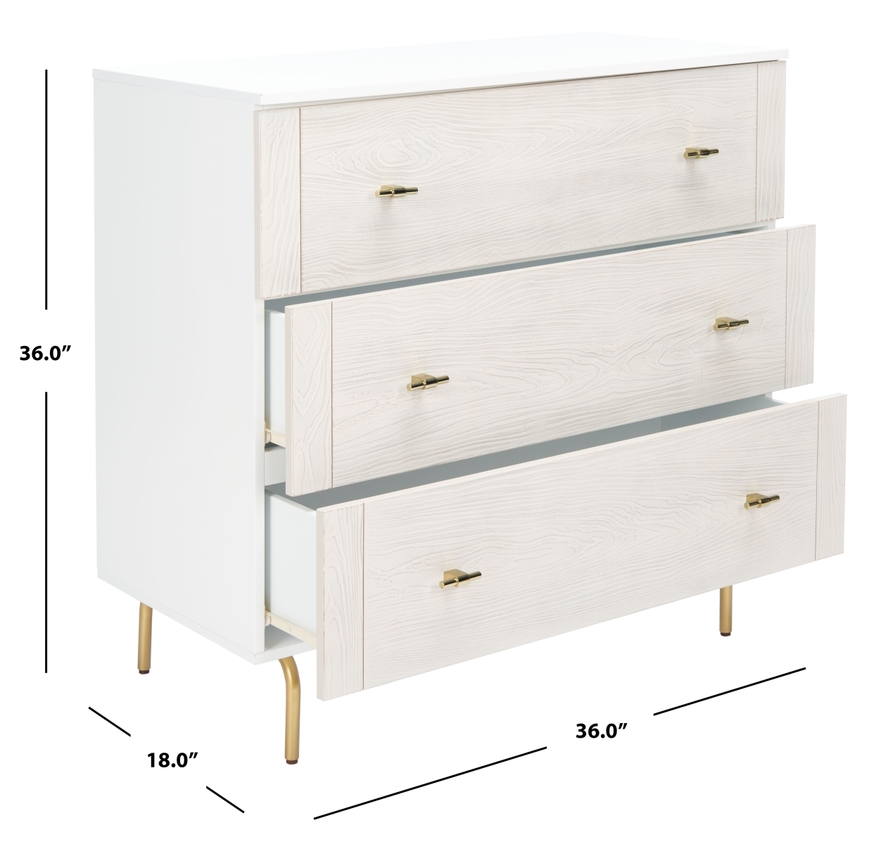 Genevieve 3 Drawer Dresser - White / White Washed - Safavieh - Image 6