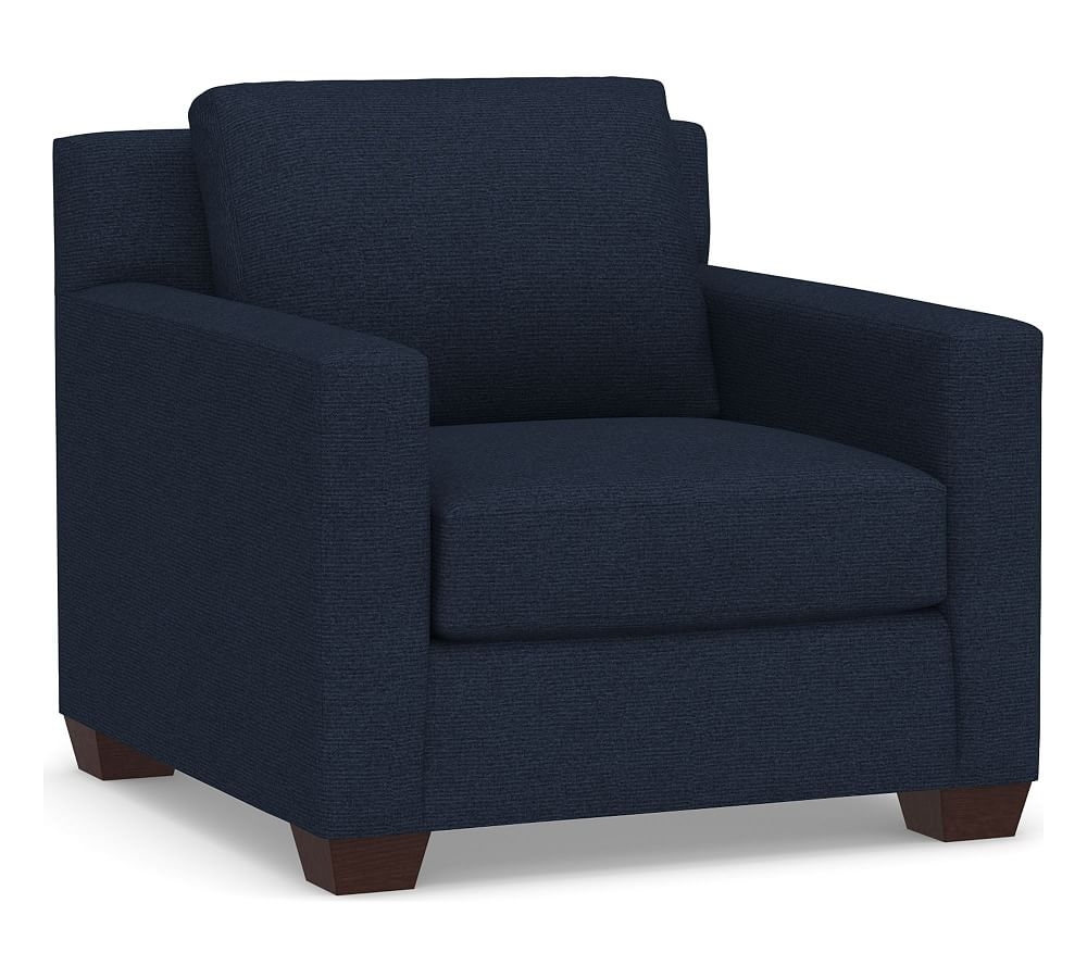 York Square Arm Upholstered Armchair, Down Blend Wrapped Cushions, Performance Heathered Basketweave Navy - Image 0