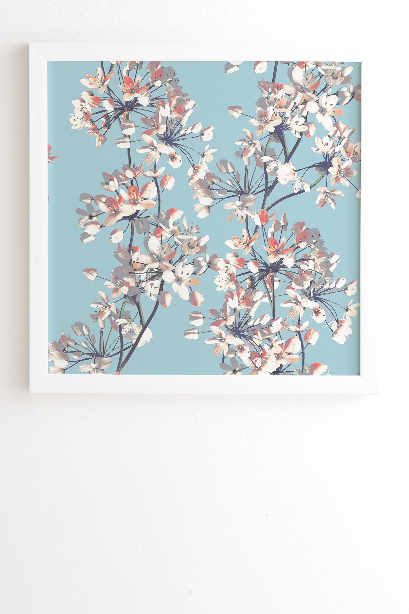 Emanuela Carratoni Delicate Flowers Pattern on Light Blue White Framed Wall Art - 14" x 16.5" - Image 1