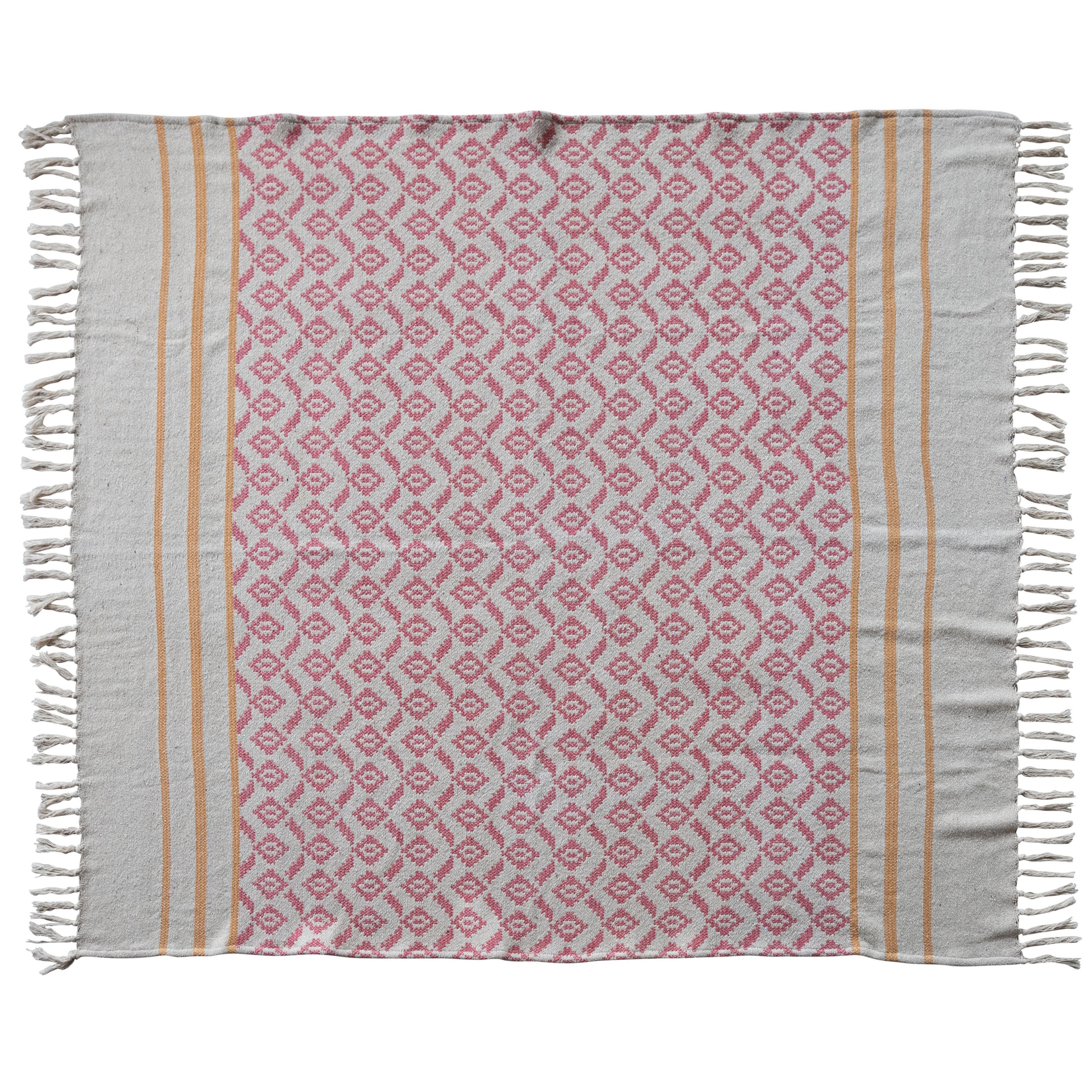 Woven Cotton Blend Jacquard Throw with Pattern, Stripes and Tassels, Multicolor - Image 0