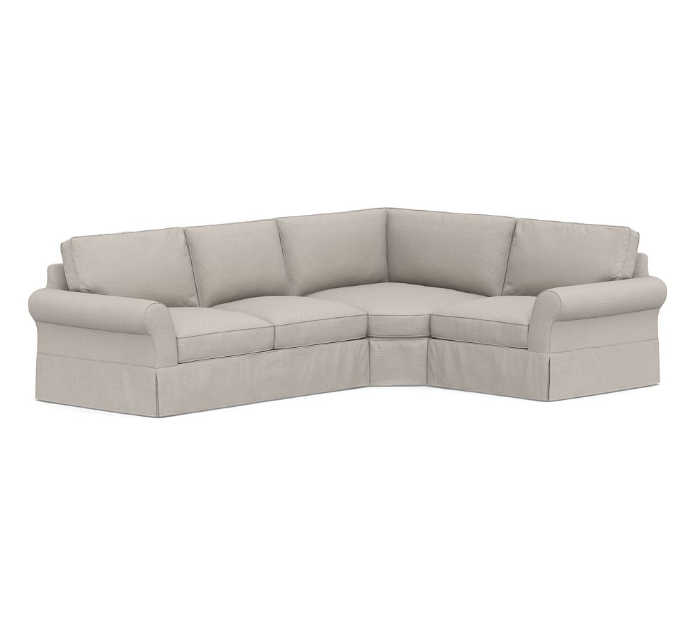 PB Comfort Roll Arm Slipcovered Left Arm 3-Piece Wedge Sectional, Box Edge, Down Blend Wrapped Cushions, Chunky Basketweave Stone - Image 0