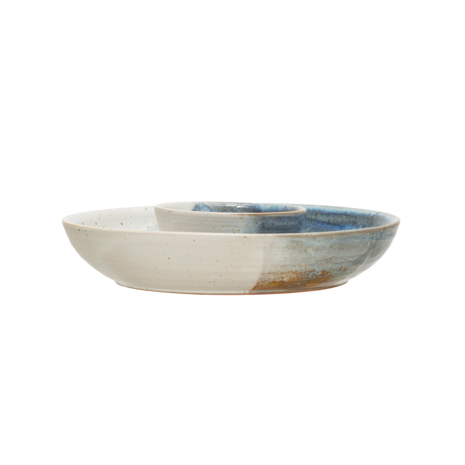 Hand-Painted Stoneware Chip and Dip, Reactive Glaze, Cream Color and Blue (Each One Will Vary) - Image 0