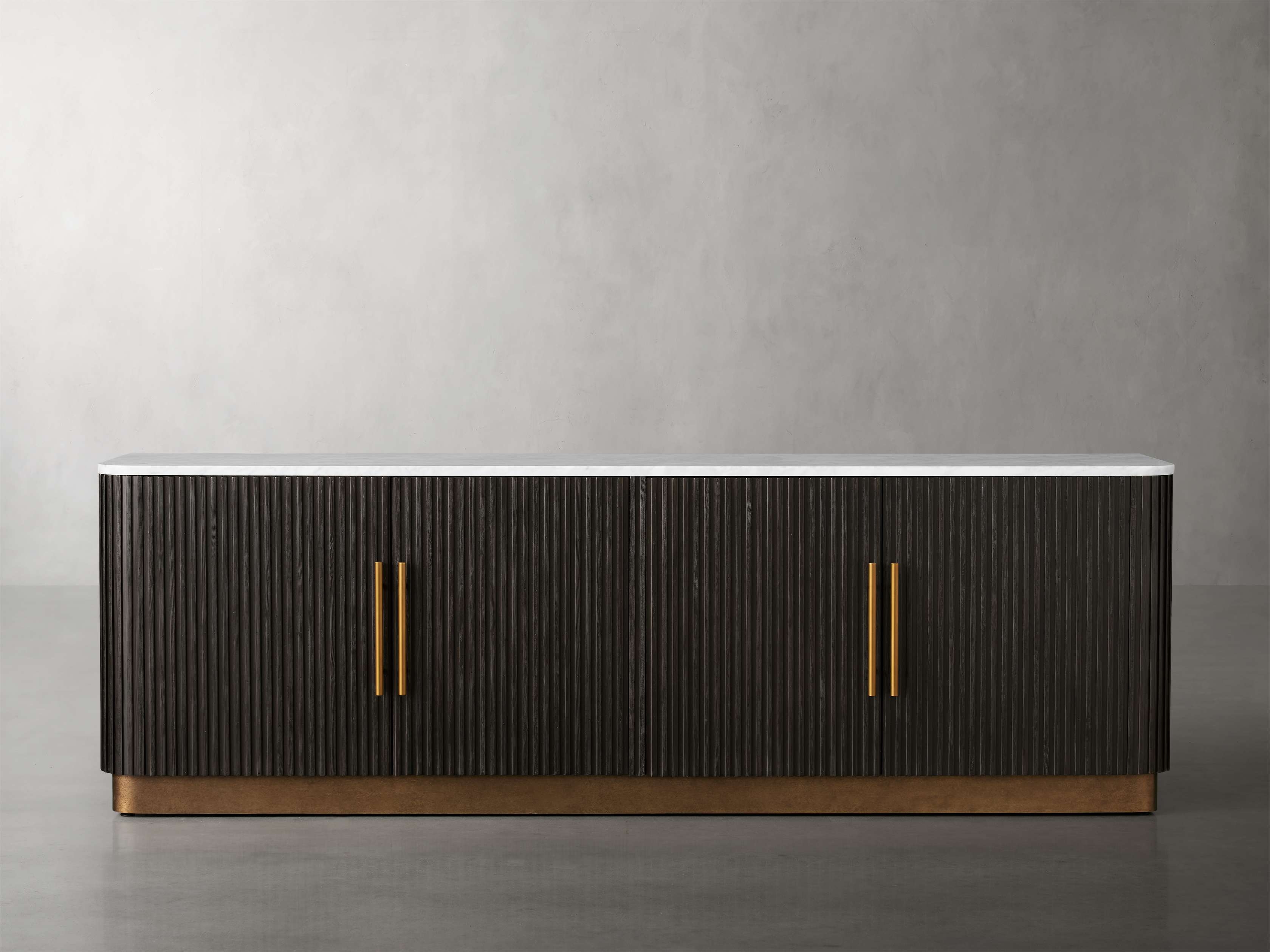 Finnley Media Console in Stone 80" Brown  Ebony/Carrara - Image 0