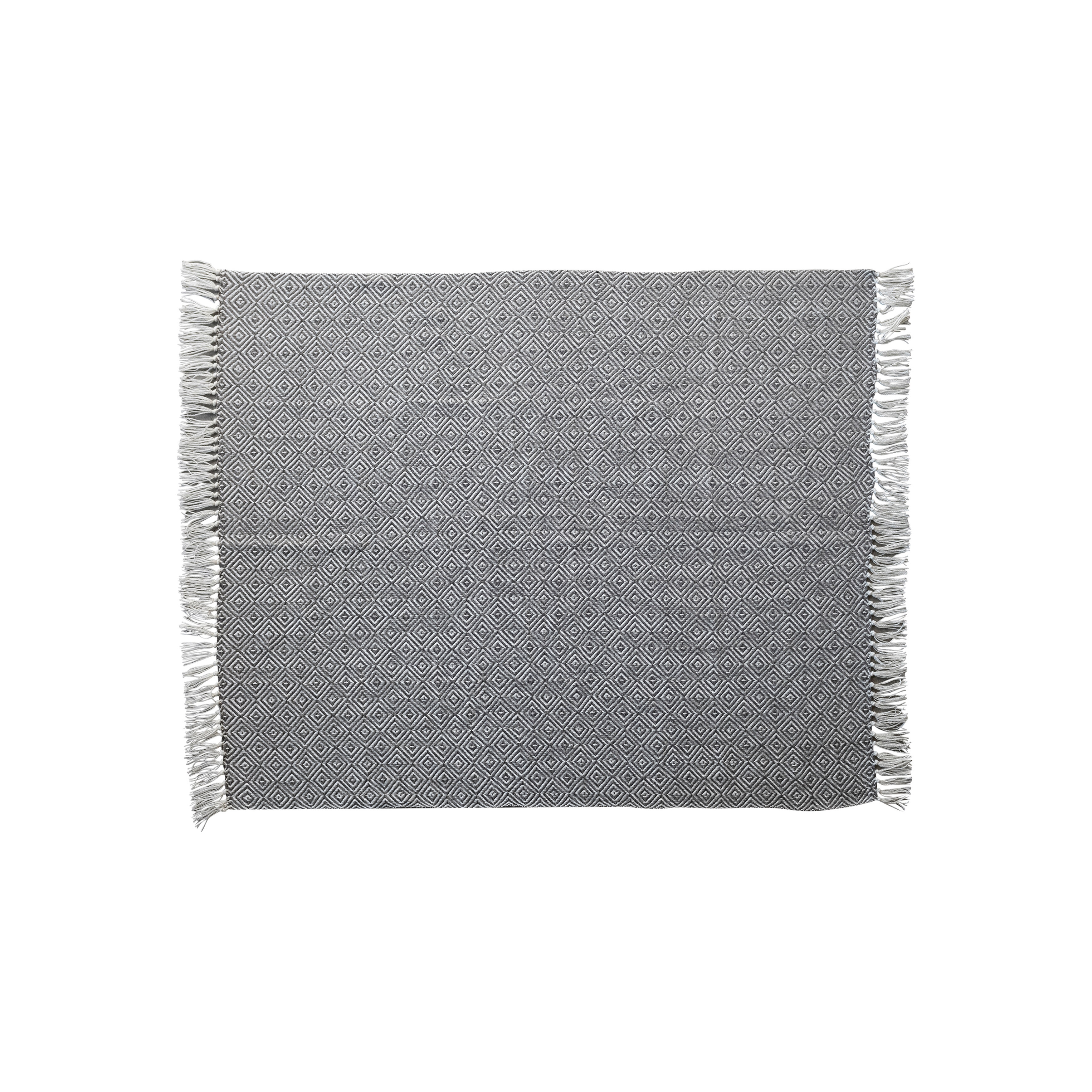 Hand-Woven Reclaimed Fabric Throw with Pattern and Fringe, Charcoal and Cream - Image 0