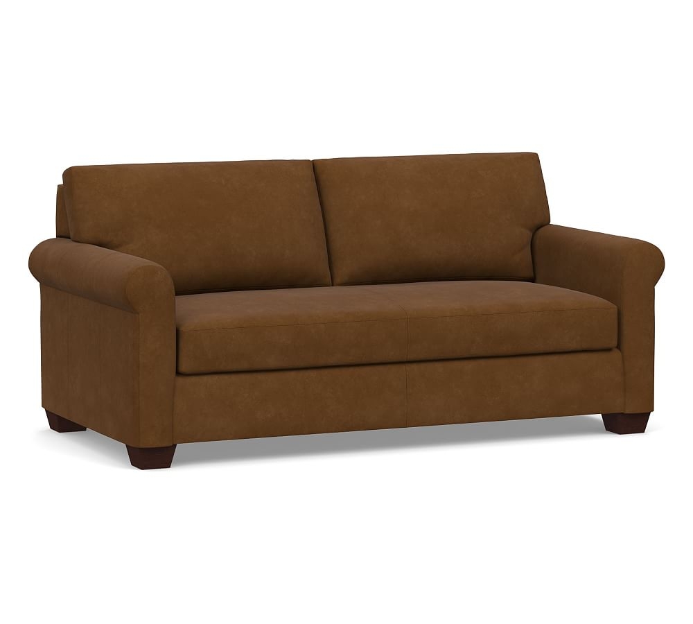 York Roll Arm Leather Loveseat 75" with Bench Cushion, Polyester Wrapped Cushions, Aviator Umber - Image 0