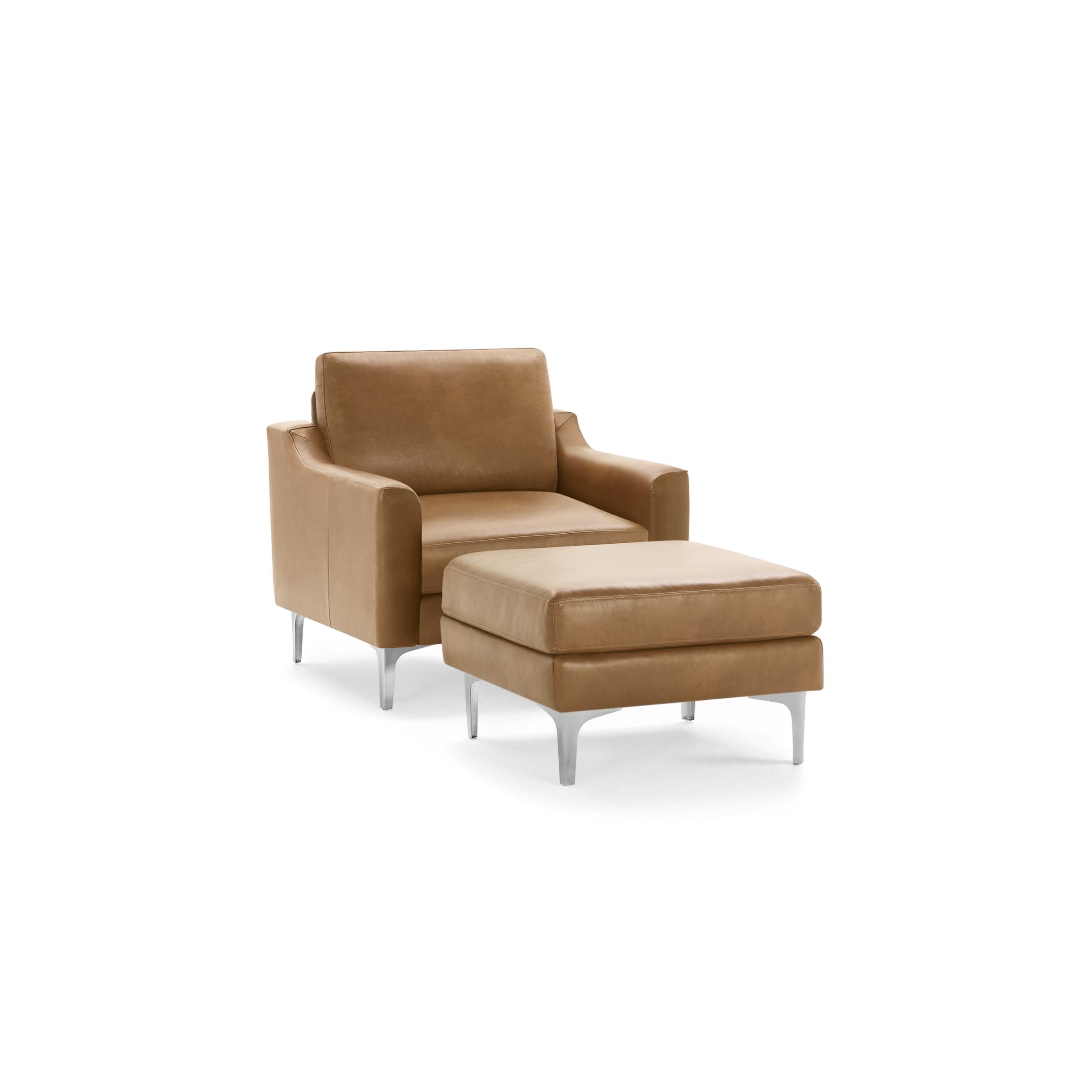 Nomad Leather Club Chair with Ottoman - Camel - Top Grain Leather / Chrome - Metal / Slope - Image 0