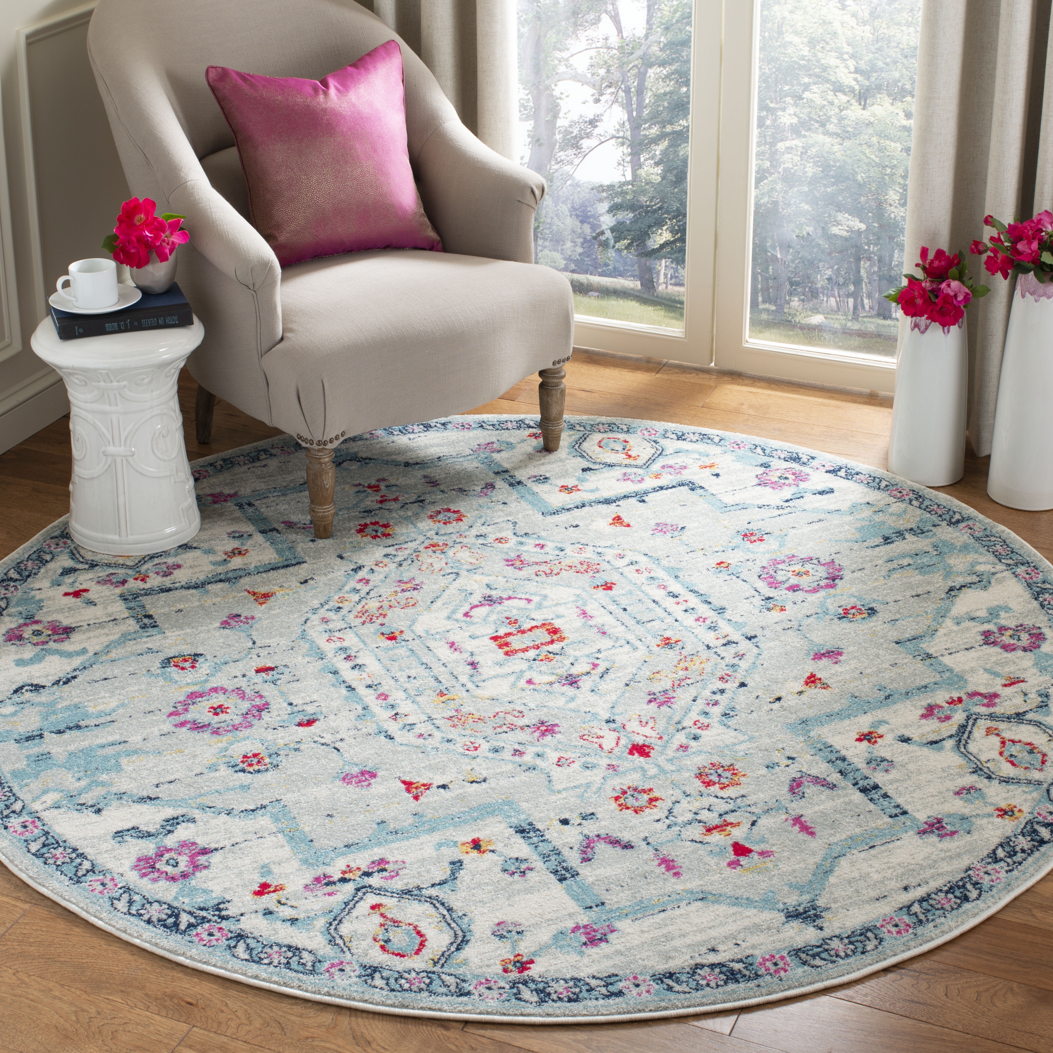 Arlo Home Woven Area Rug, MAD928R, Light Grey/Fuchsia,  6' 7" X 6' 7" Round - Image 1